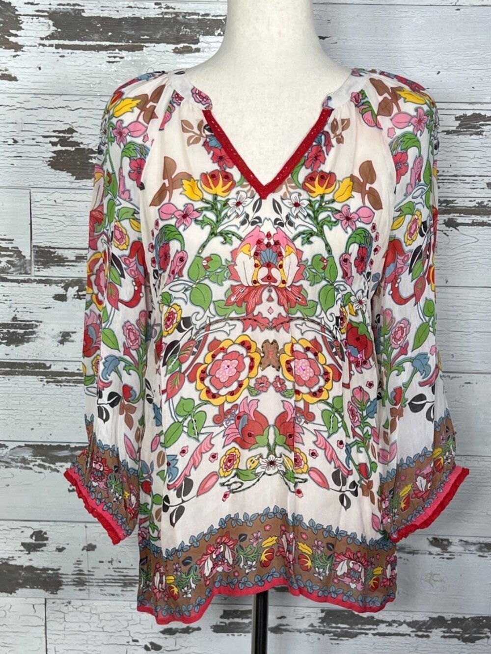 BILA Boho Tunic V-Neck Multicolor Floral Design Sz S NWT